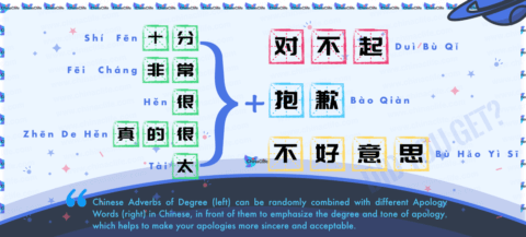 Say Apology Words with Degree Adverbs in Chinese: <br />道歉语+程度副词 (dào qiàn yǔ jiā chéng dù fù cí) < br />| Free Chinese Word Card Study with Pinyin