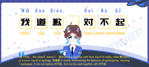Say Apology Phrases in Chinese: <br />我道歉 (wǒ dào qiàn) <br />| Free Chinese Apology Phrases Study with Pinyin