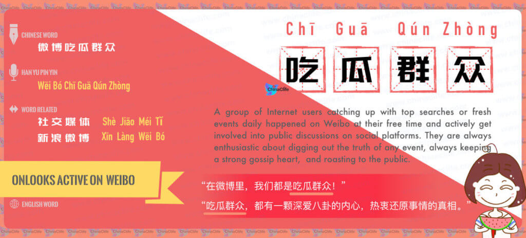 Translation of China Weibo Buzzword Onlookers, Chi Gua Qun Zhong, Onlookers on China's Social Platforms, China Sina Weibo's onlookers, Chinese Weibo bystanders, Free Chinese Word Card Study