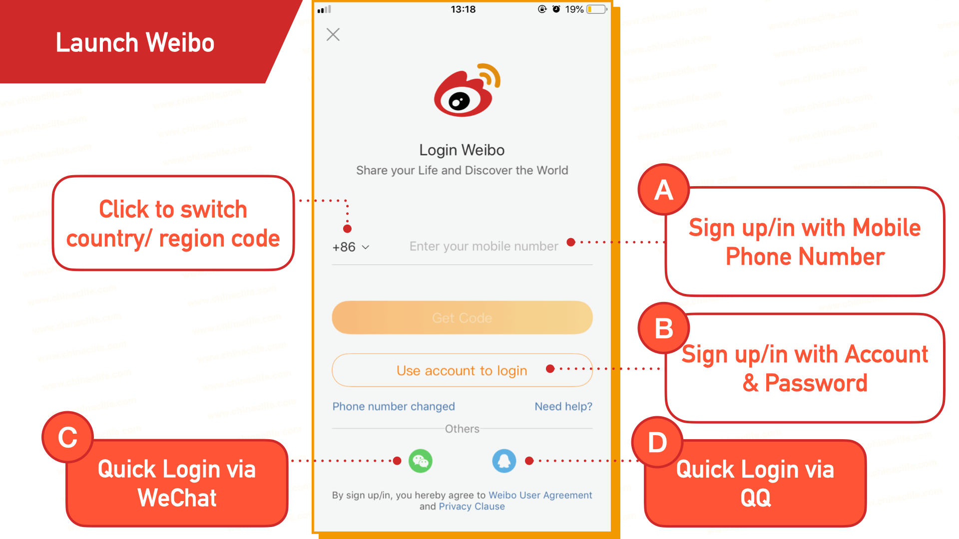 Sina Weibo Sign up with Tencent's WeChat/QQ account