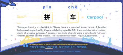 Say Carpool in Chinese <br />拼车 (pīn chē) <br />| Free Chinese Word Card Study with Pinyin