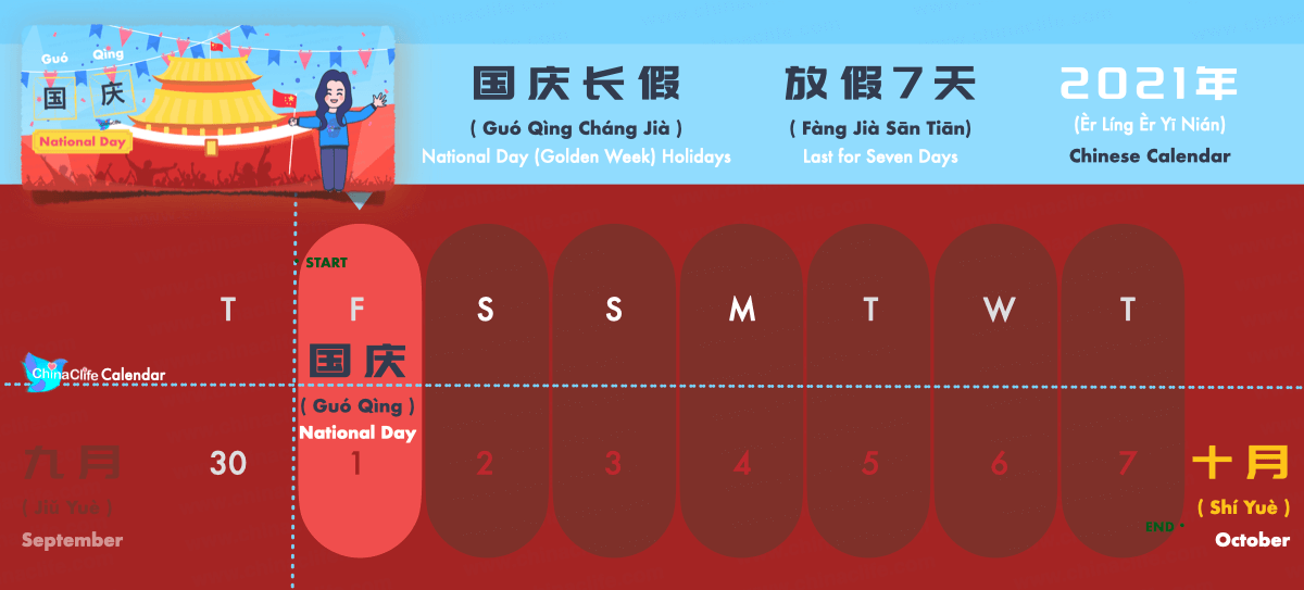 Chinese National Day Festival and National Day Golden Week Holidays Calendar 2021