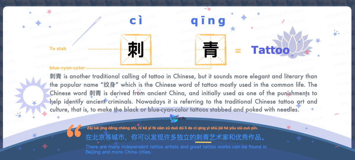 Tattoo's Another Common Chinese Word with Pinyin and Example Sentences, another way to say tattoo in Chinese