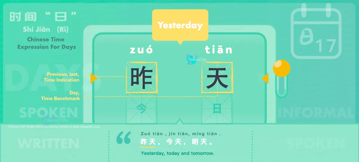 Chinese Flashcard Yesterday in Chinese 昨天 with Pinyin zuó tiān and Example Sentences