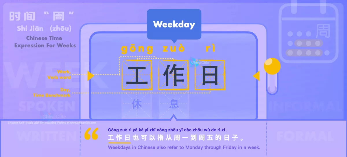 Chinese Flashcard Weekdays in Chinese 工作日 with Pinyin gōng zuò rì and Example Sentences