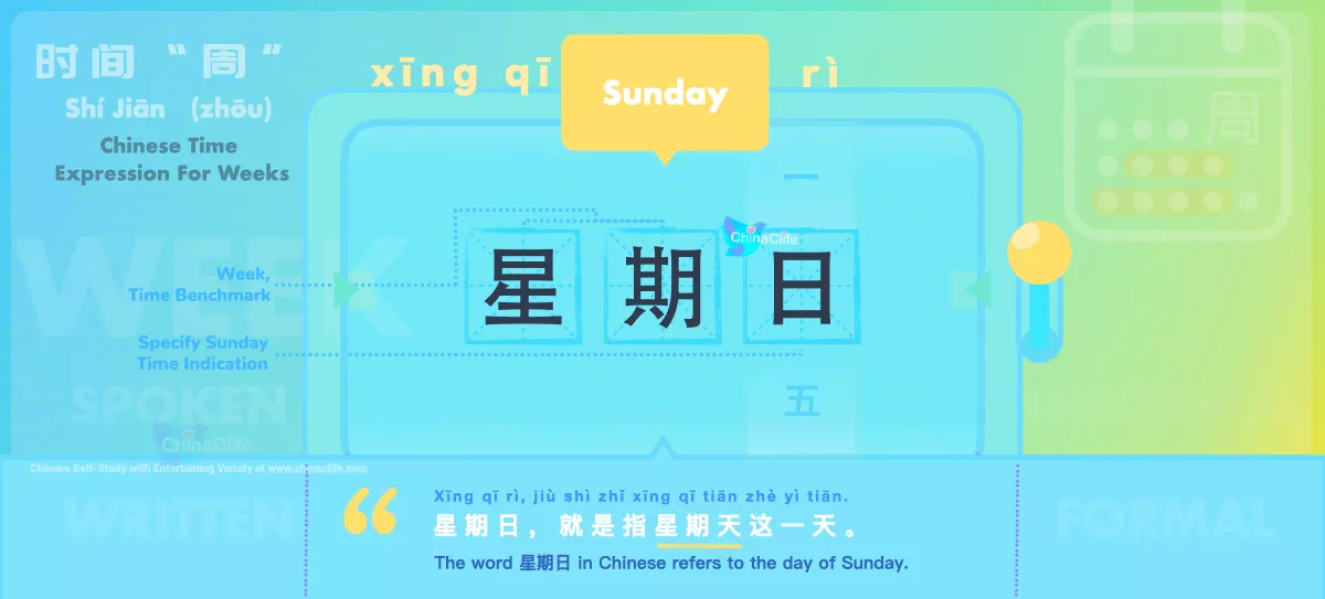 Chinese Flashcard Sunday in Chinese 星期日 with Pinyin xīng qī rì and Example Sentences