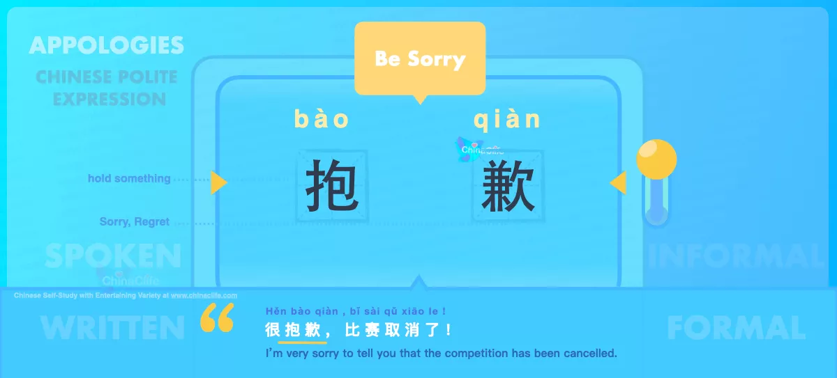 Chinese Flashcard Be Sorry in Chinese 抱歉 with Pinyin bào qiàn and Example Sentences