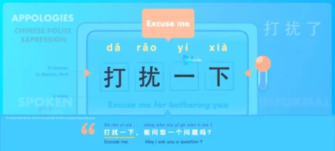 A Literary Saying Excuse Me in both Spoken and Written Chinese with Flashcard and Chinese Sample Sentences