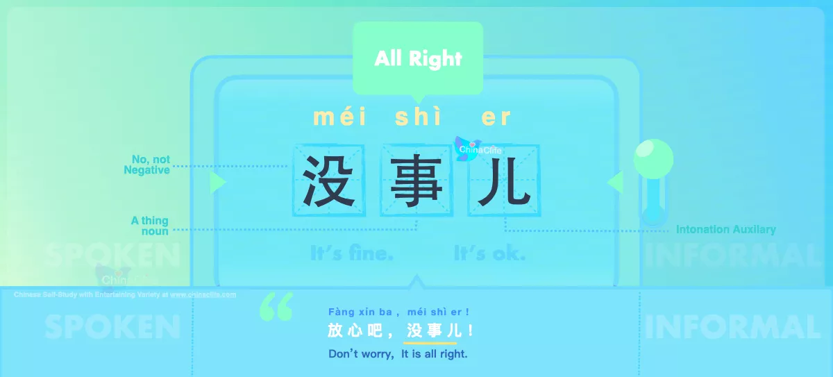 Chinese Flashcard All Right in Chinese 没事儿 with Pinyin méi shì er and Example Sentences