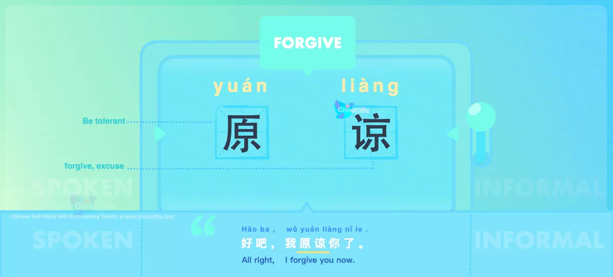 Chinese Flashcard Forgive in Chinese 原谅 with Pinyin yuán liàng and Example Sentences